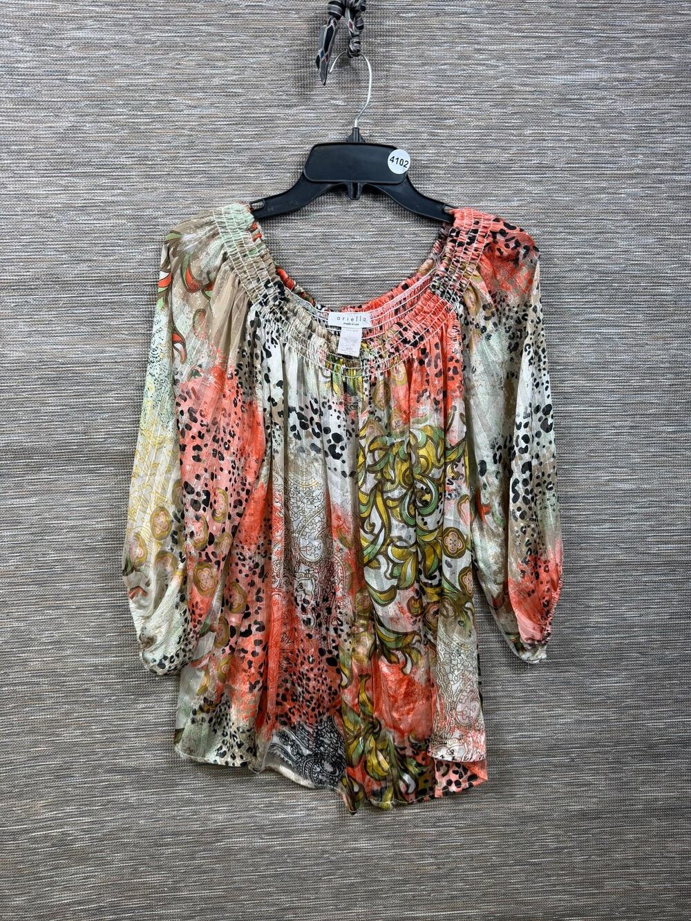 Ariella Blouse Womens L Multicolor Floral Off Shoulder Sheer Boho Tunic Top